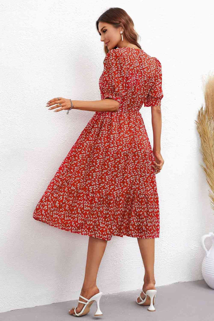 Floral Tie Waist Collared Neck Tiered Dress |1mrk.com