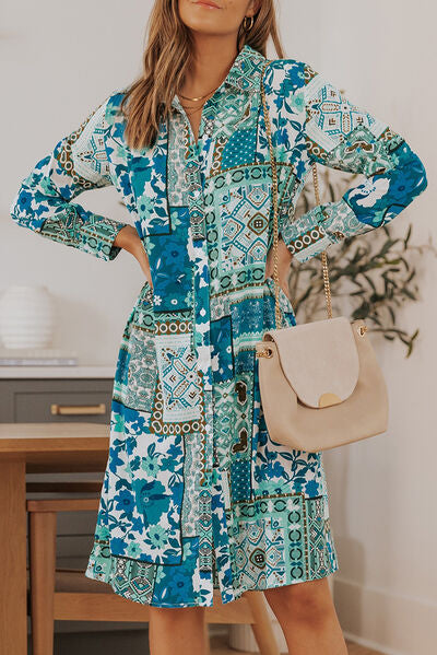 Printed Button Up Long Sleeve Shirt Dress |1mrk.com