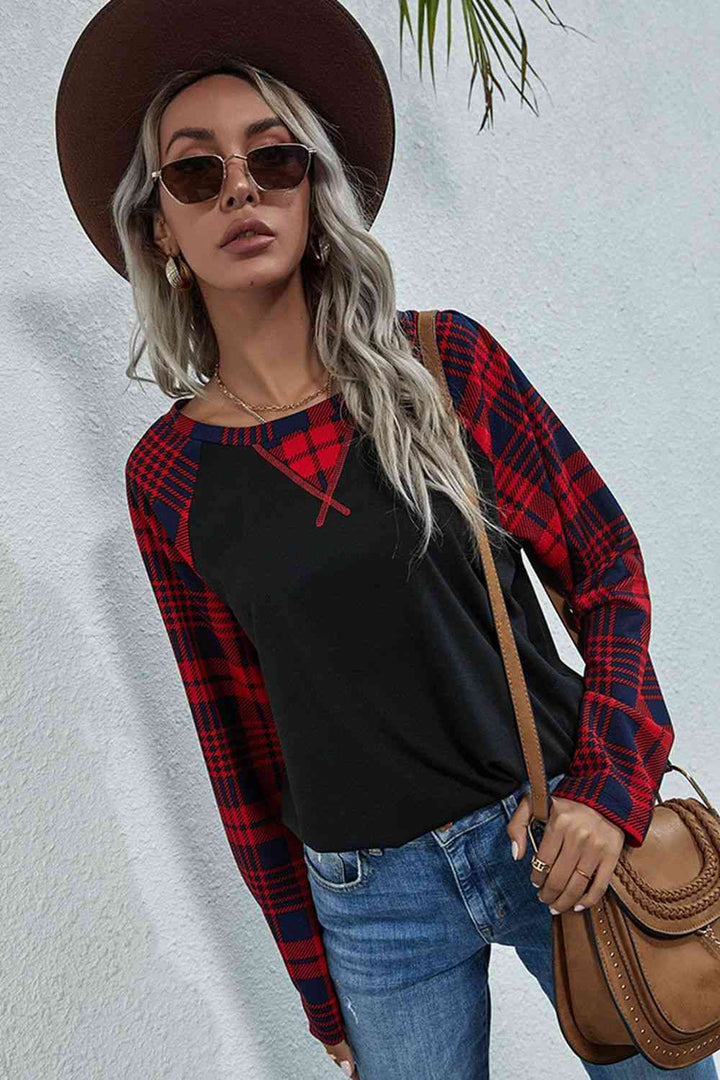 Double Take Plaid Print Long Raglan Sleeve Tee | 1mrk.com