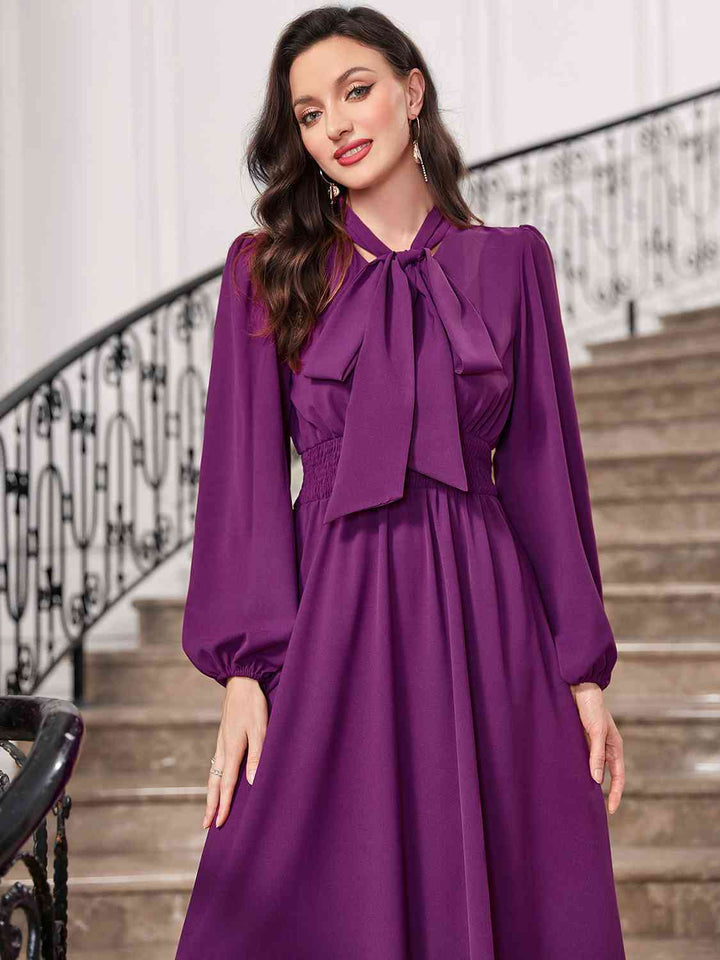 Tie-Neck Balloon Sleeve Dress |1mrk.com