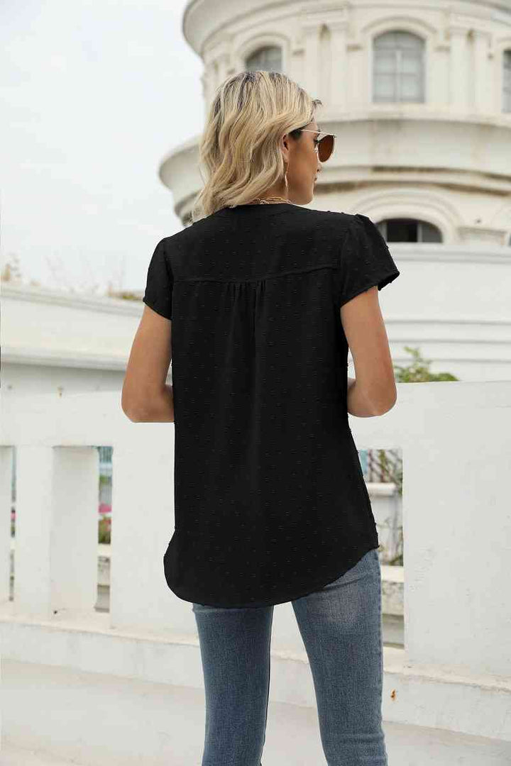 Swiss Dot Notched Neck Short Sleeve Top | 1mrk.com