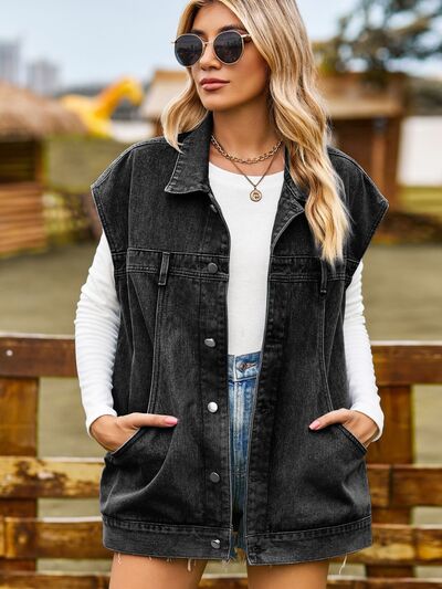 Button Up Collared Neck Sleeveless Denim Jacket | 1mrk.com