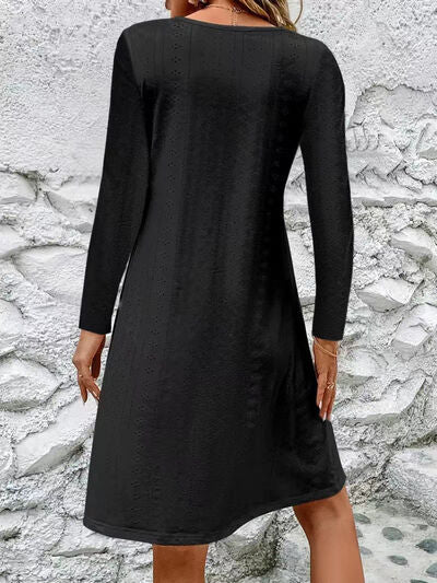 Eyelet V-Neck Long Sleeve Mini Dress |1mrk.com