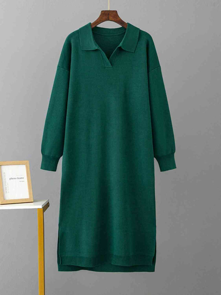 Johnny Collar Long Sleeve Slit Sweater Dress |1mrk.com