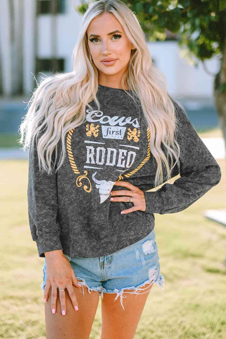 Mineral Washed COW'S FIRST RODEO Round Neck Raglan Sleeve Sweatshirt |1mrk.com