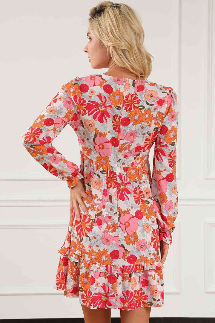 Floral Ruffled V-Neck Long Sleeve Dress | 1mrk.com