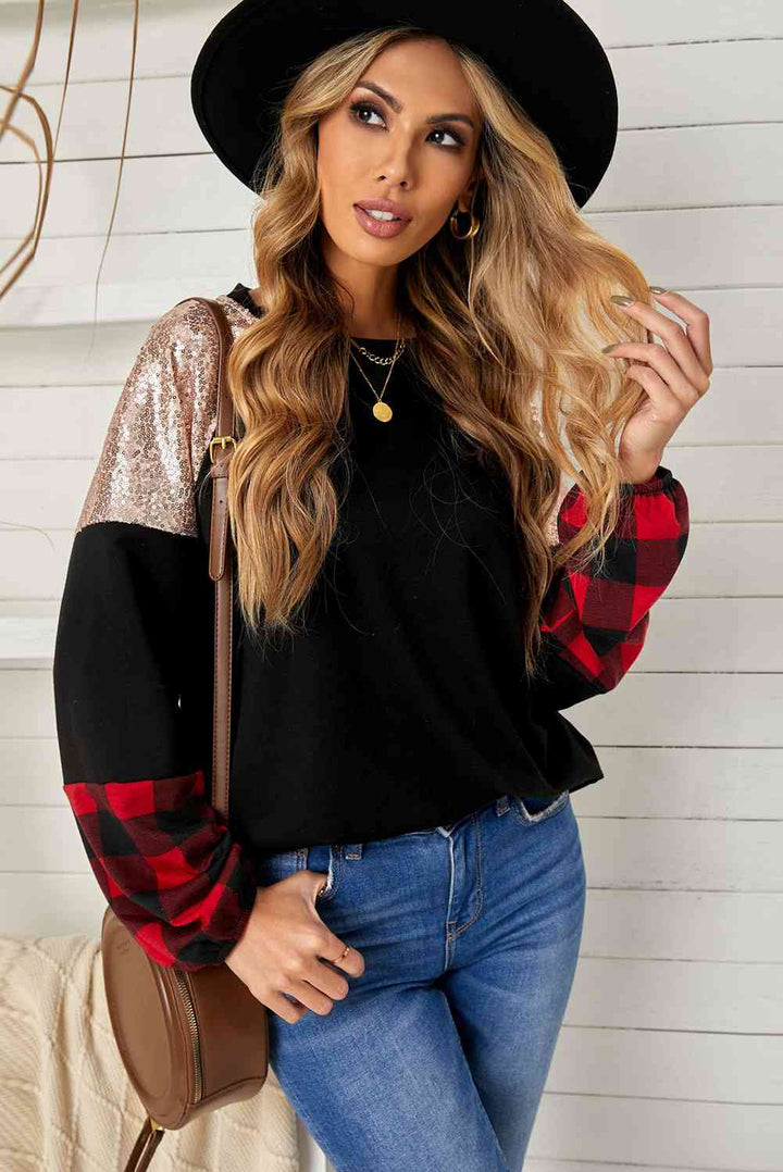 Sequin Color Block Round Neck Sweatshirt |1mrk.com