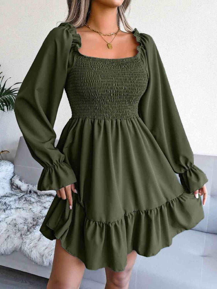 Smocked Flounce Sleeve Square Neck Dress |1mrk.com