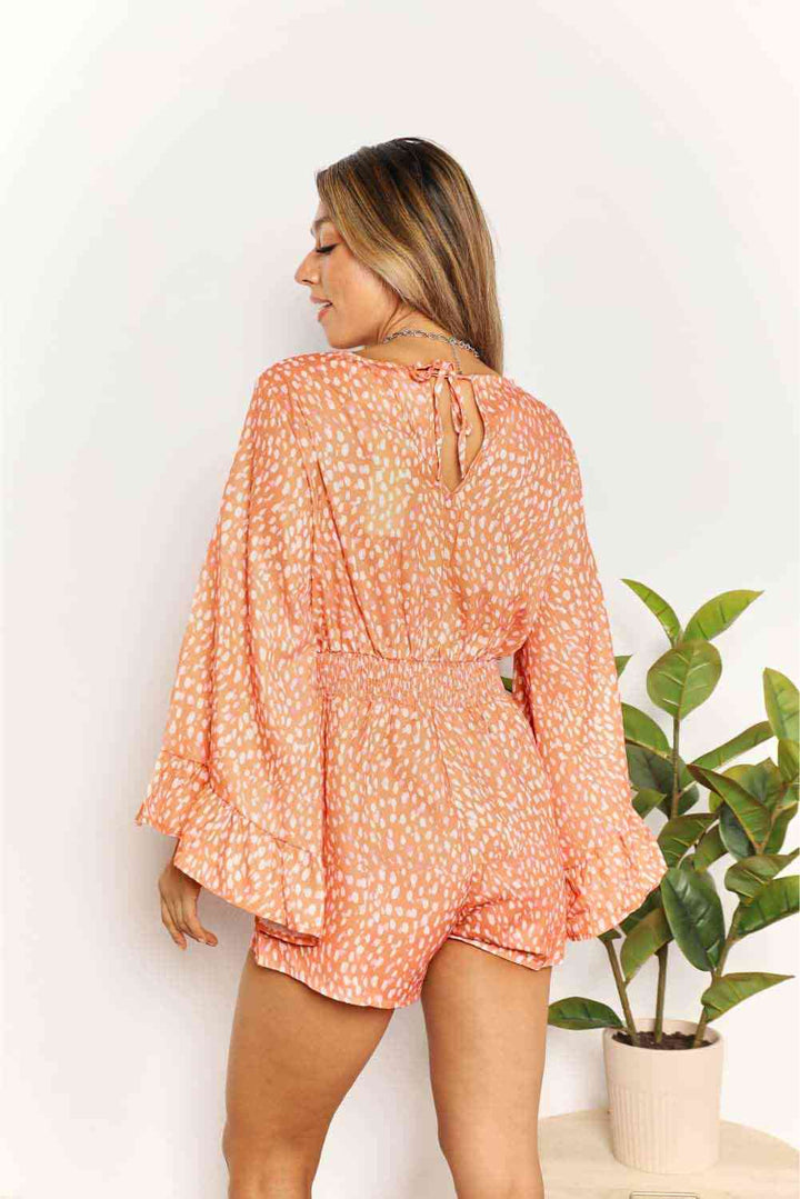 Double Take Printed Flare Sleeve Surplice Romper | 1mrk.com