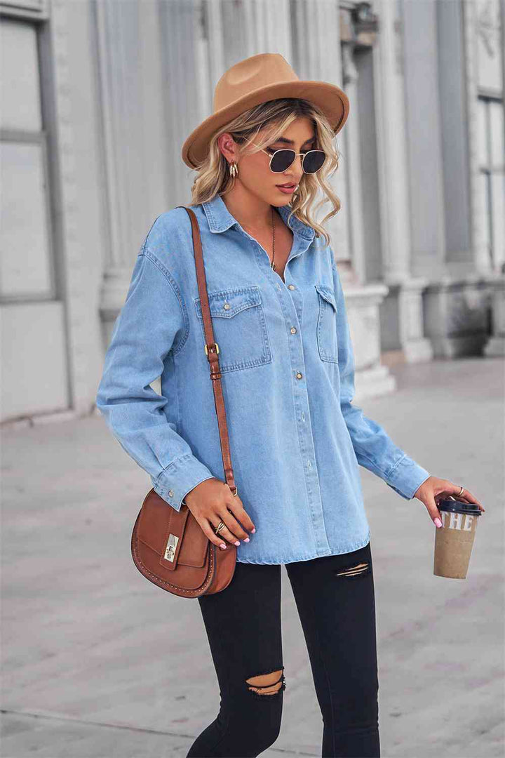 Collared Neck Dropped Shoulder Denim Top | 1mrk.com