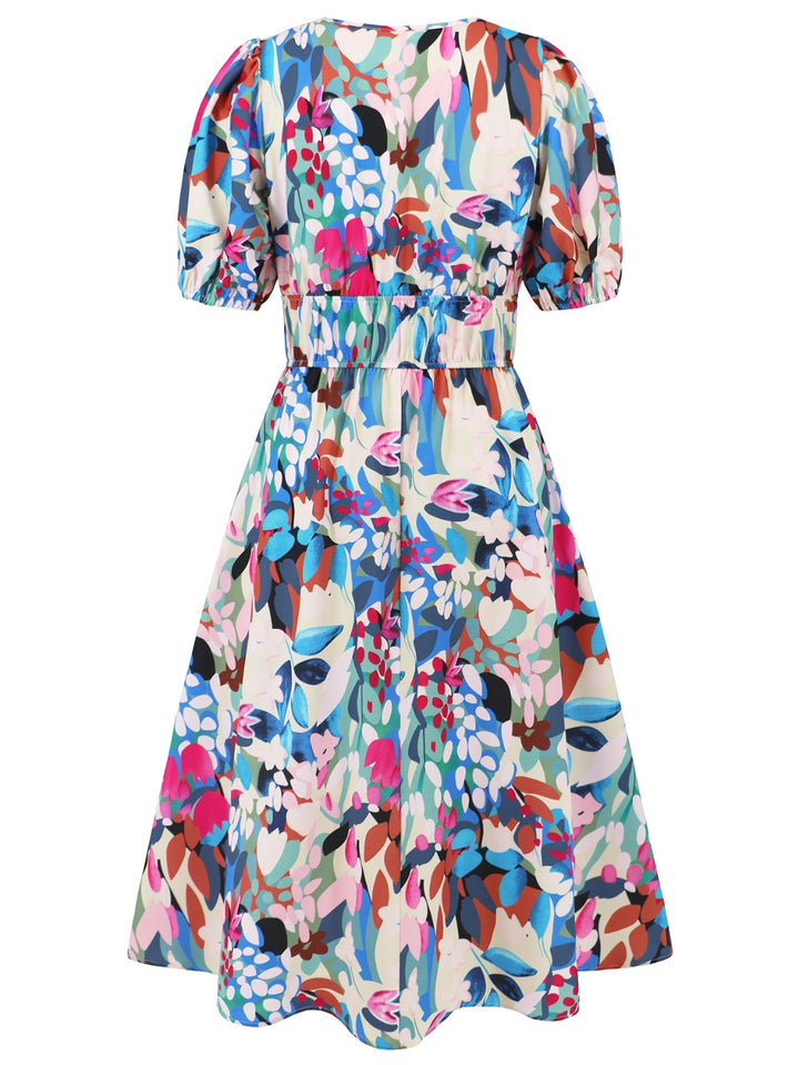 Ruched Printed Surplice Short Sleeve Dress | Trendsi