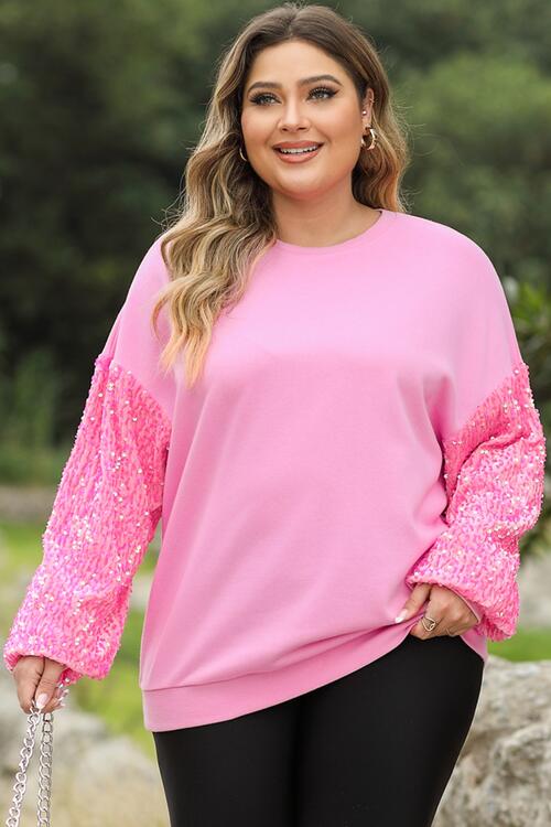 Plus Size Sequin Round Neck Dropped Shoulder Sweatshirt |1mrk.com