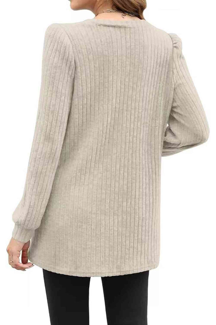 Ribbed Round Neck Long Sleeve T-Shirt | 1mrk.com