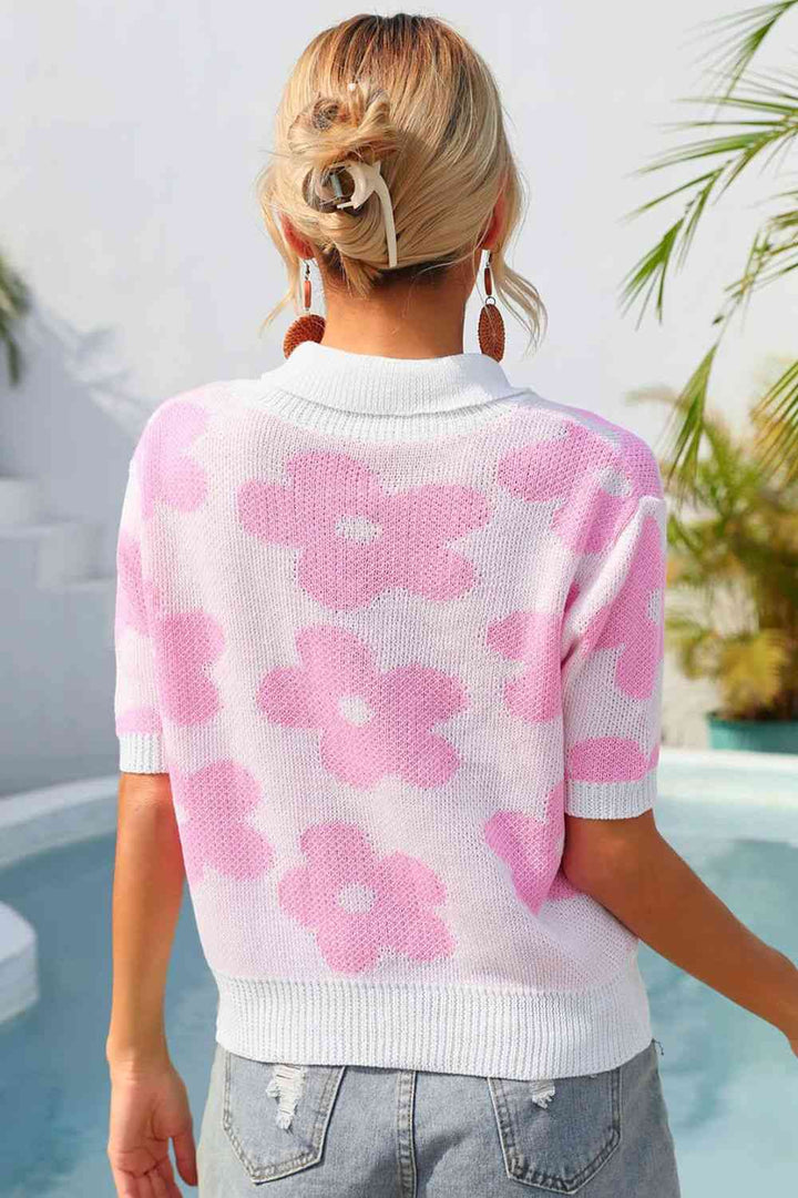 Floral Johnny Collar Half Sleeve Knit Top |1mrk.com