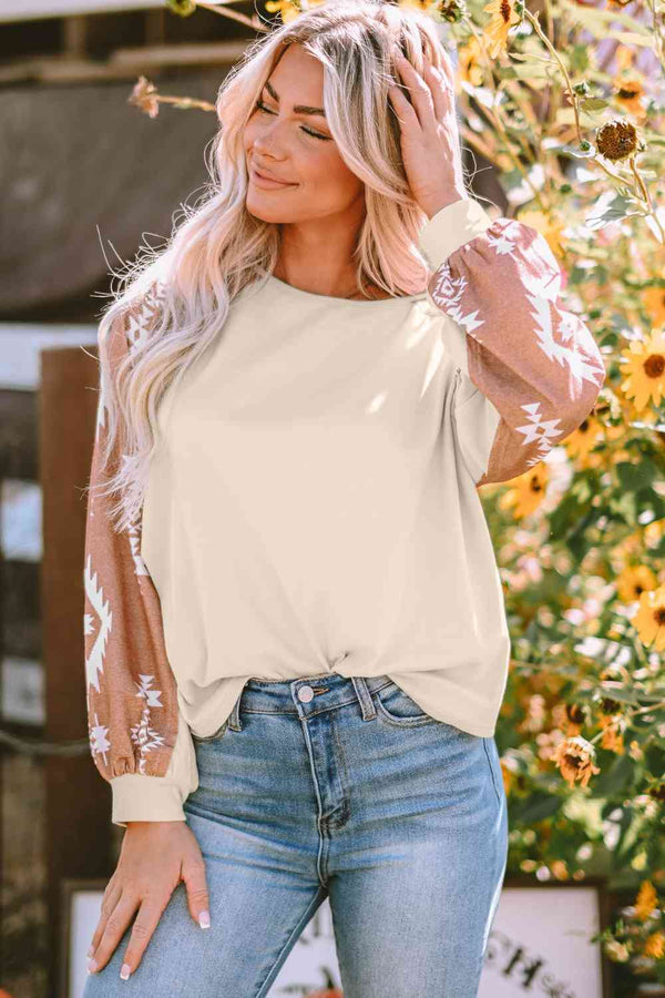 Geometric Round Neck Long Sleeve T-Shirt | 1mrk.com