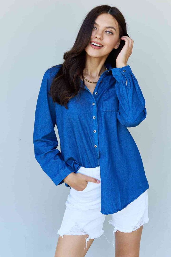 Doublju Blue Jean Baby Denim Button Down Shirt Top in Dark Blue | 1mrk.com