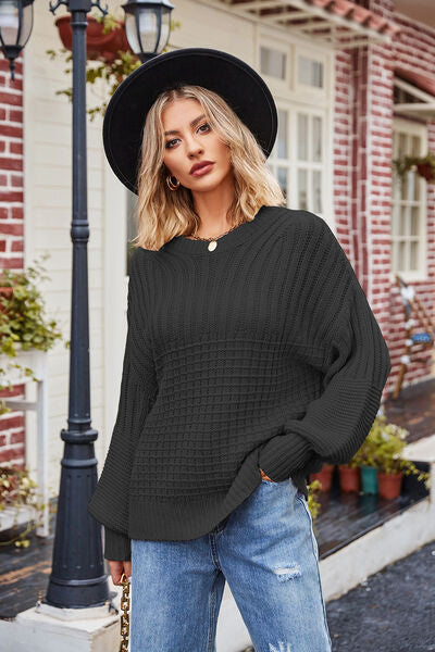 Ribbed Drop Shoulder Lantern Sleeve Sweater | Trendsi