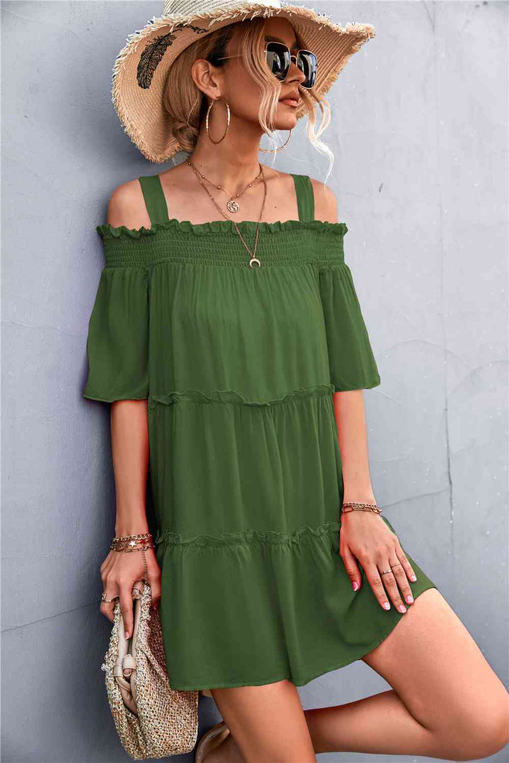 Cold-Shoulder Frill Trim Tiered Dress |1mrk.com