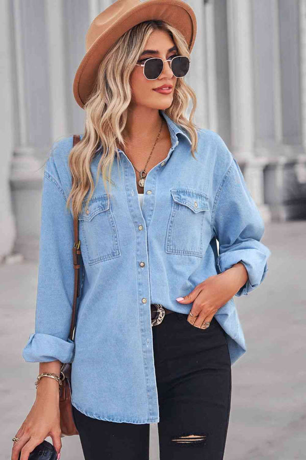 Collared Neck Dropped Shoulder Denim Top | 1mrk.com