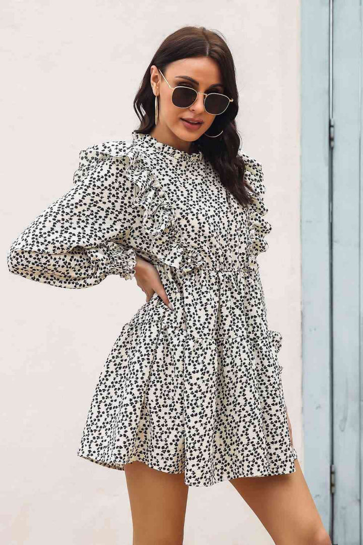 Printed Ruffle Trim Smocked Long Sleeve Mini Dress |1mrk.com