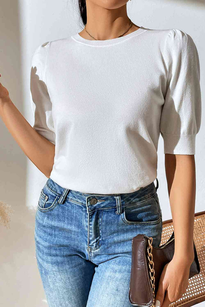 Round Neck Puff Sleeve Knit Top | 1mrk.com