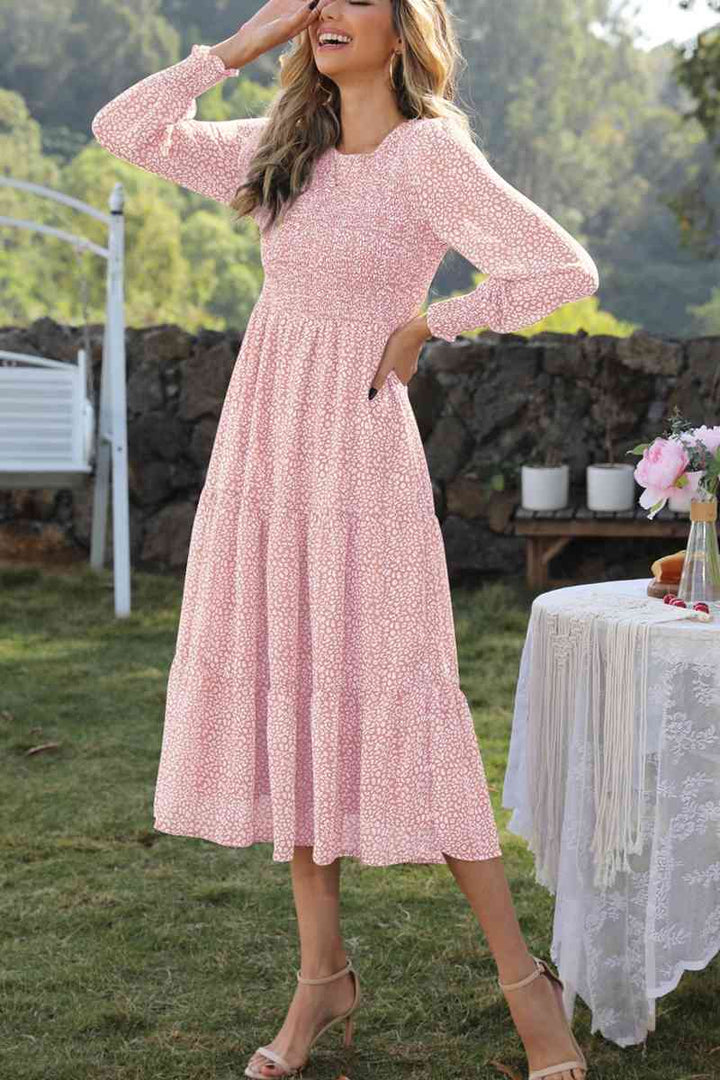 Round Neck Lantern Sleeve Midi Dress | 1mrk.com