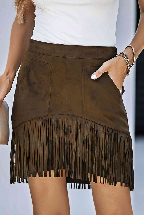 Fringe Detail Zip-Back Skirt with Pockets |1mrk.com