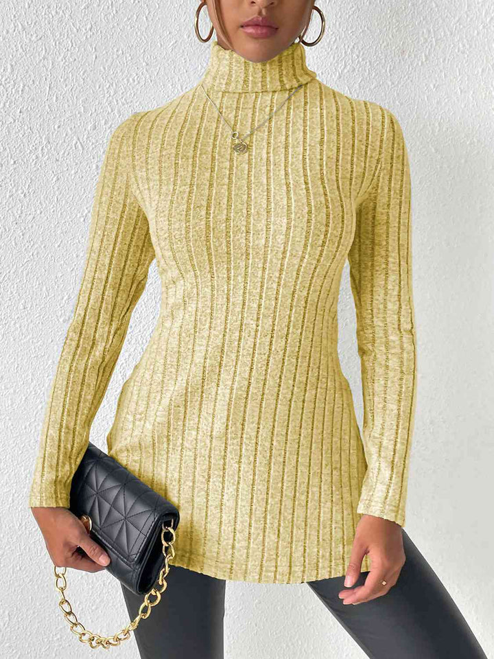 Ribbed Turtleneck Long Sleeve Slit T-Shirt | 1mrk.com