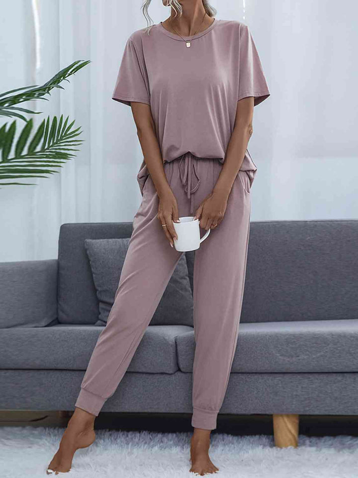 Round Neck Short Sleeve Top and Pants Set | 1mrk.com