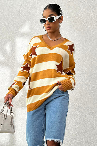 Star Pattern V-Neck Cutout Sweater | Trendsi