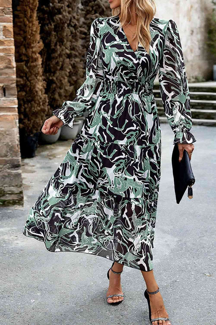 Printed Surplice Neck Flounce Sleeve Midi Dress |1mrk.com