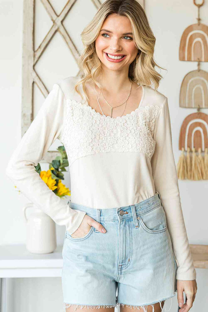 Double Take Lace Crochet Long Sleeve Top | 1mrk.com