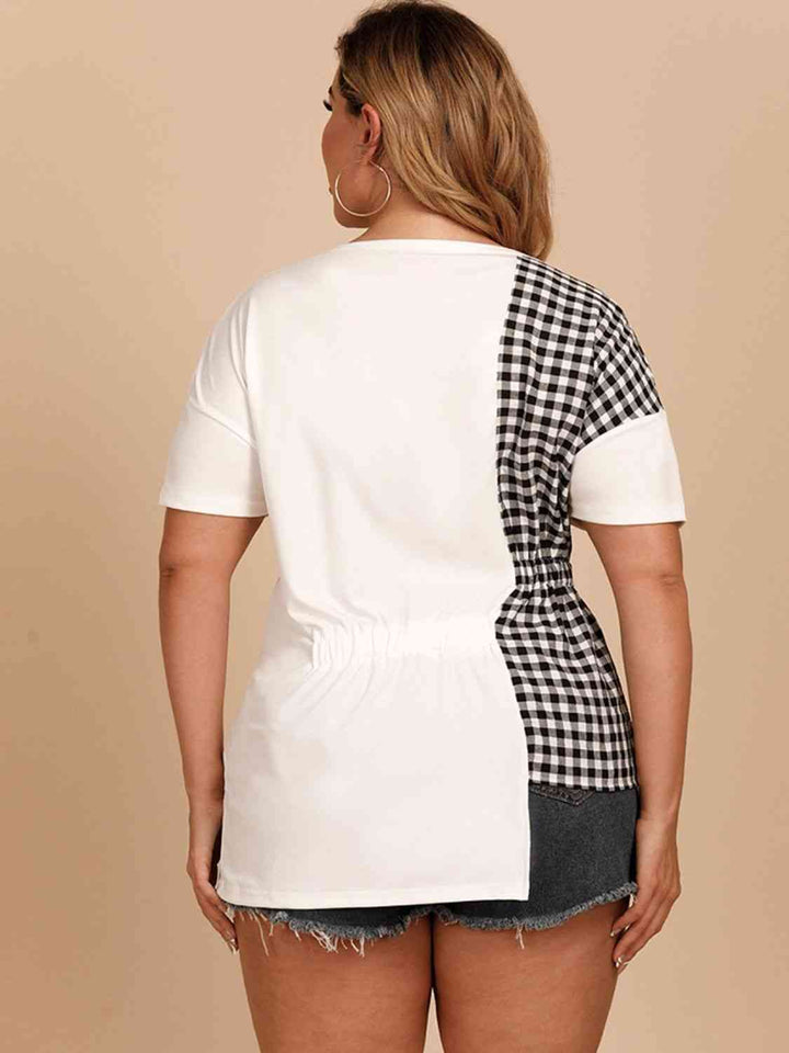 Plus Size Gingham Color Block Asymmetrical T-Shirt | 1mrk.com