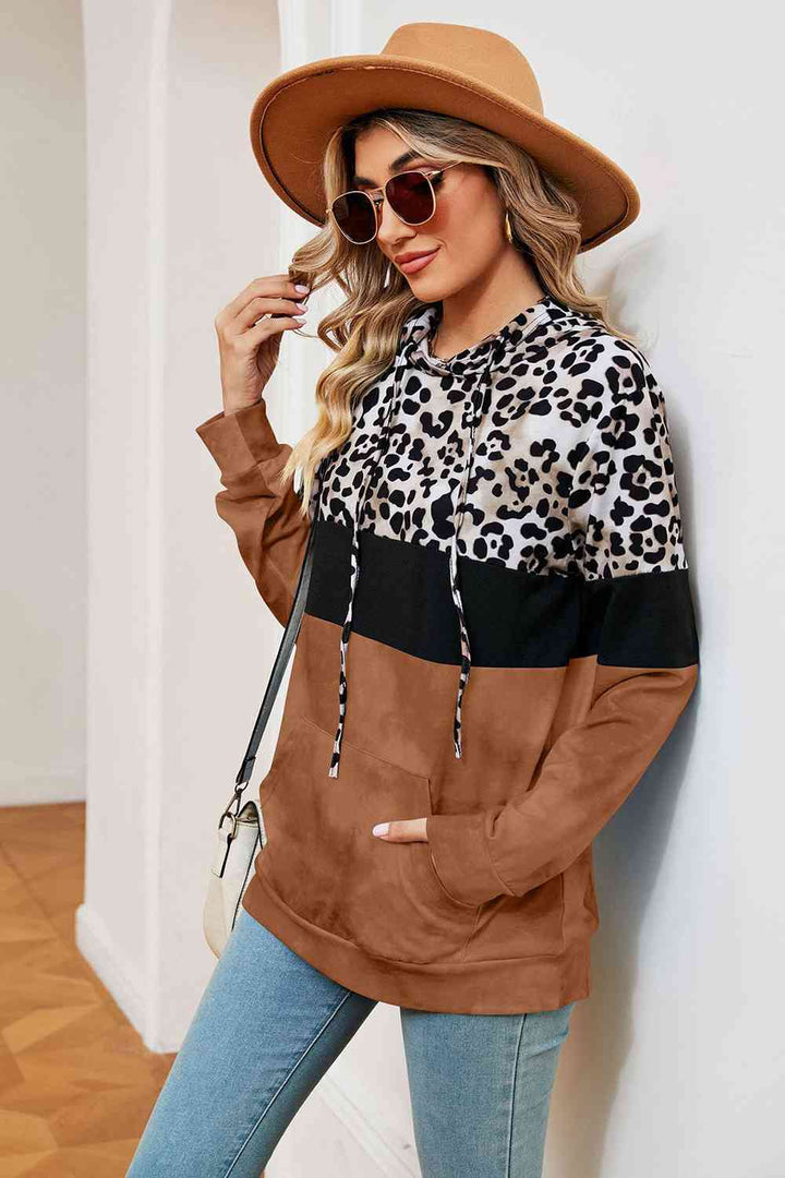 Leopard Drawstring Hoodie with Pocket |1mrk.com