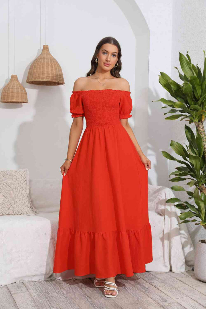 Smocked Off-Shoulder Maxi Dress |1mrk.com