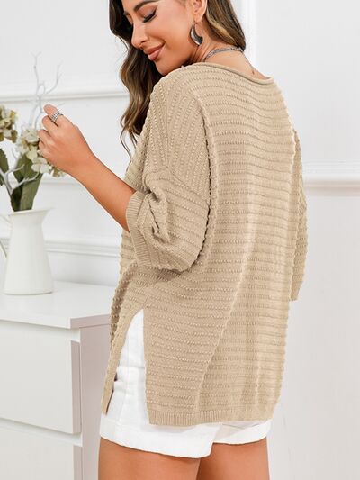 Rolled Round Neck Dropped Shoulder Slit Sweater |1mrk.com