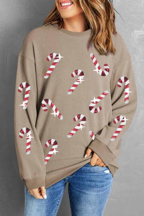 Sequin Candy Cane Round Neck Sweatshirt |1mrk.com