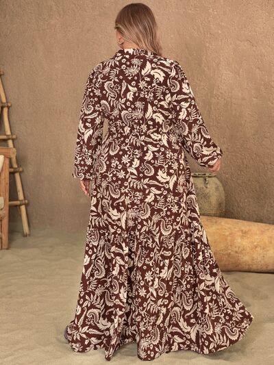 Plus Size Notched Balloon Sleeve Printed Maxi Dress |1mrk.com