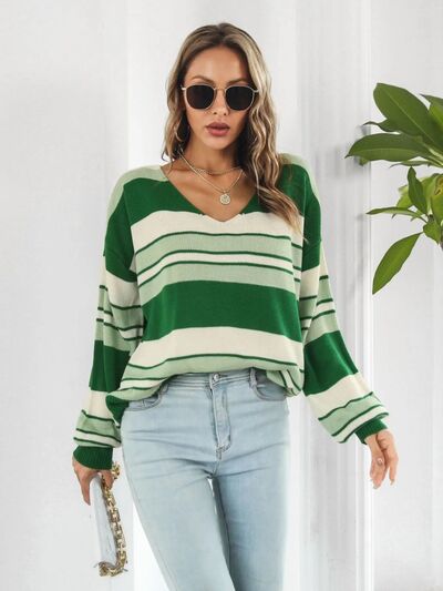 Striped V-Neck Dropped Shoulder Sweater |1mrk.com