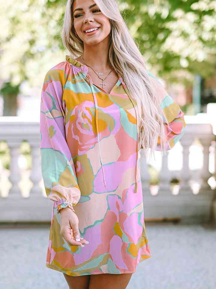 Printed Tie Neck Long Sleeve Dress |1mrk.com