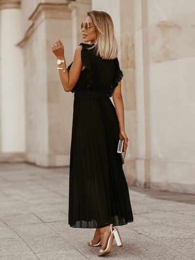 Tied Surplice Cap Sleeve Pleated Dress |1mrk.com