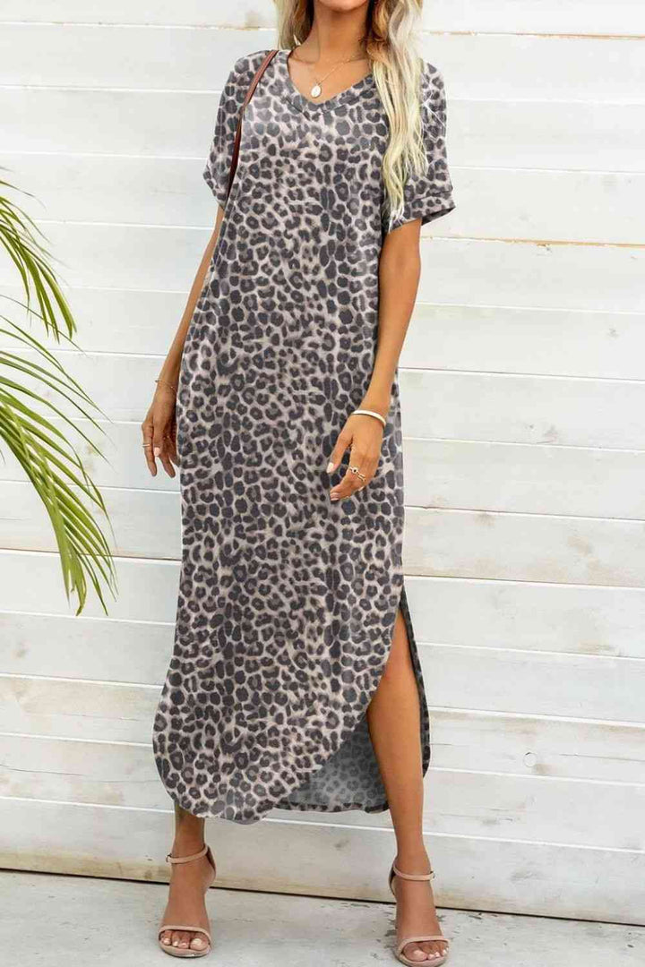 Printed V-Neck Curved Hem Dress |1mrk.com