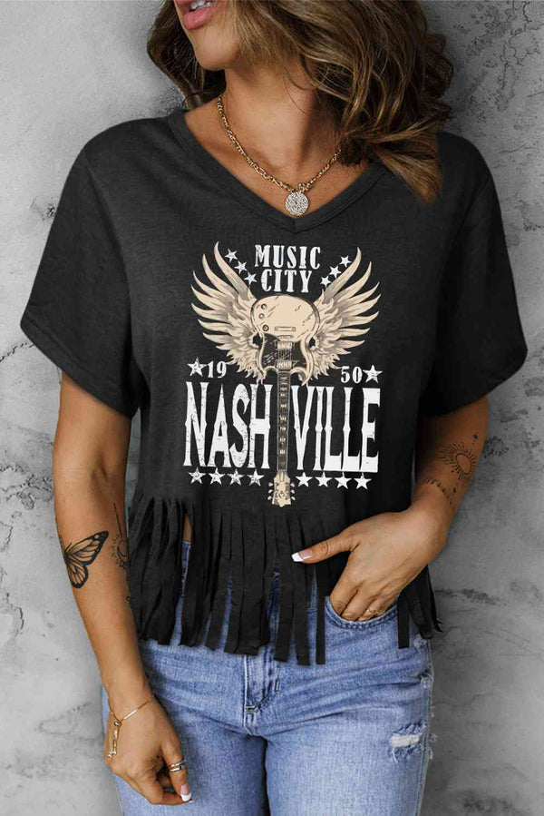 MUSIC CITY 1950 NASHVILLE Graphic Fringe Hem Tee | 1mrk.com