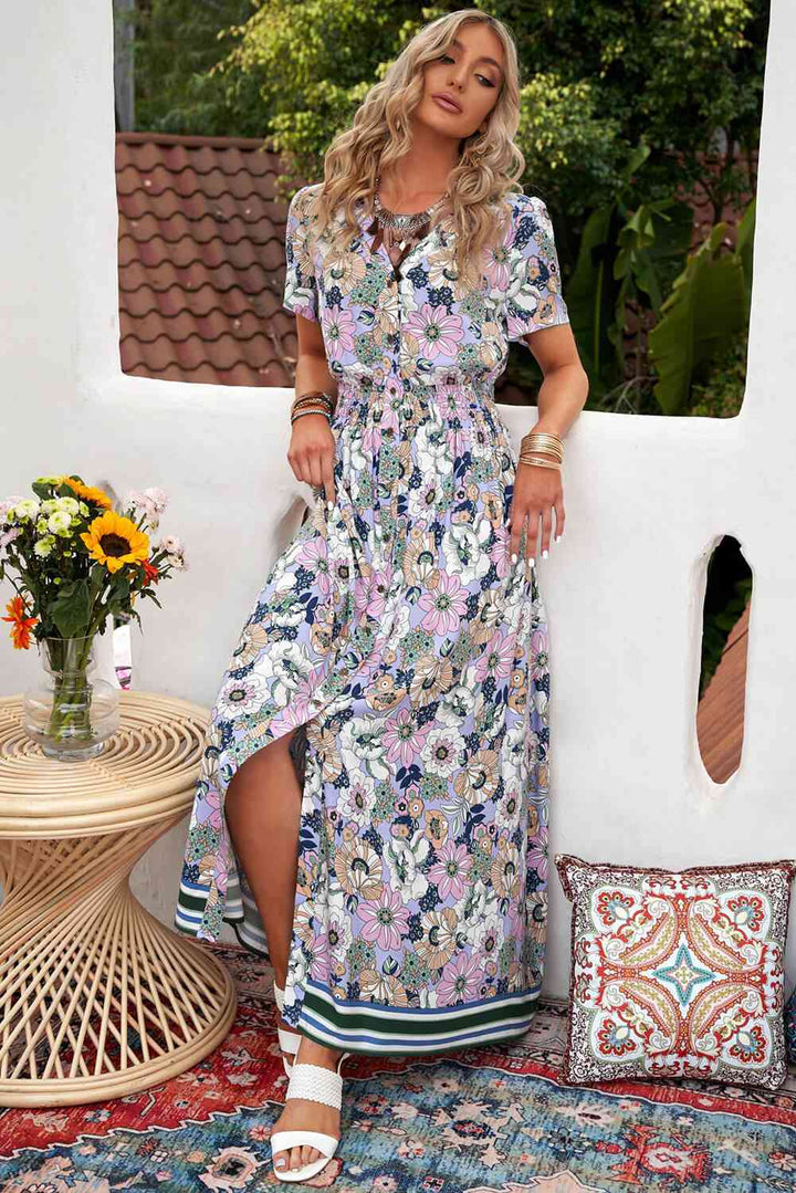 Floral Buttoned  Short Sleeve Maxi Dress |1mrk.com