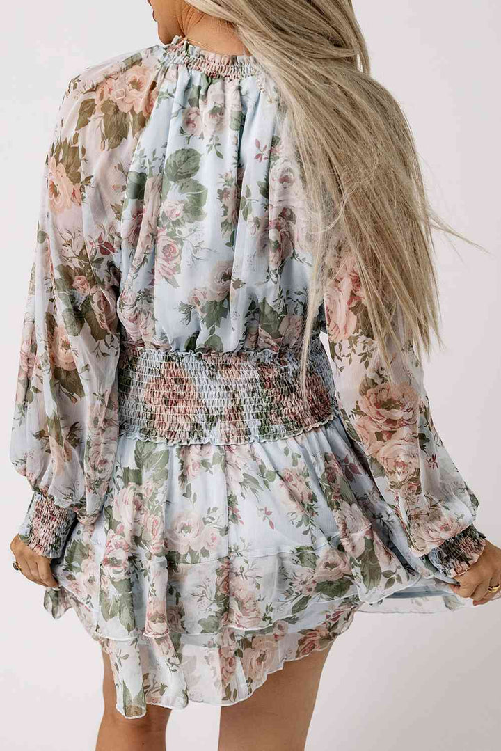 Floral Smocked Waist Layered Mini Dress |1mrk.com