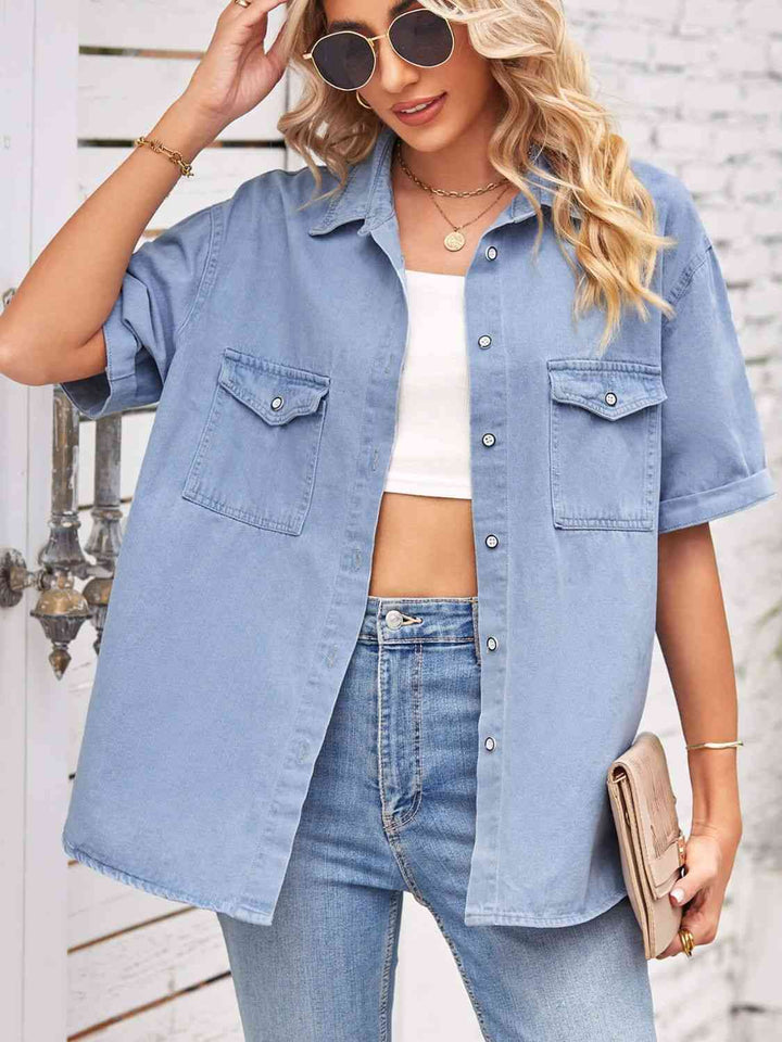 Collared Neck Short Sleeve Denim Jacket | 1mrk.com