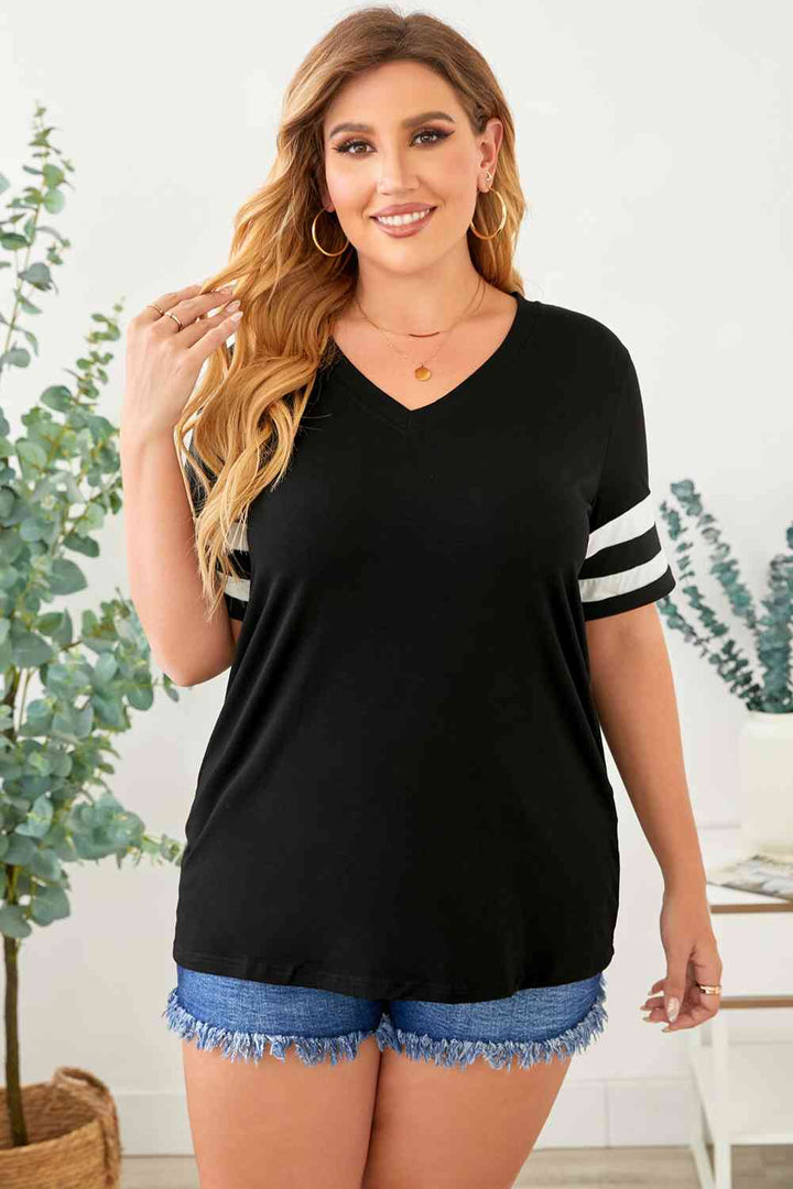 Plus Size Striped V-Neck Tee Shirt | 1mrk.com