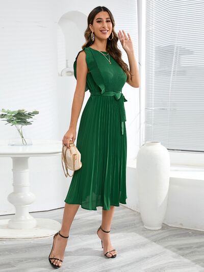 Tied Round Neck Pleated Midi Dress |1mrk.com