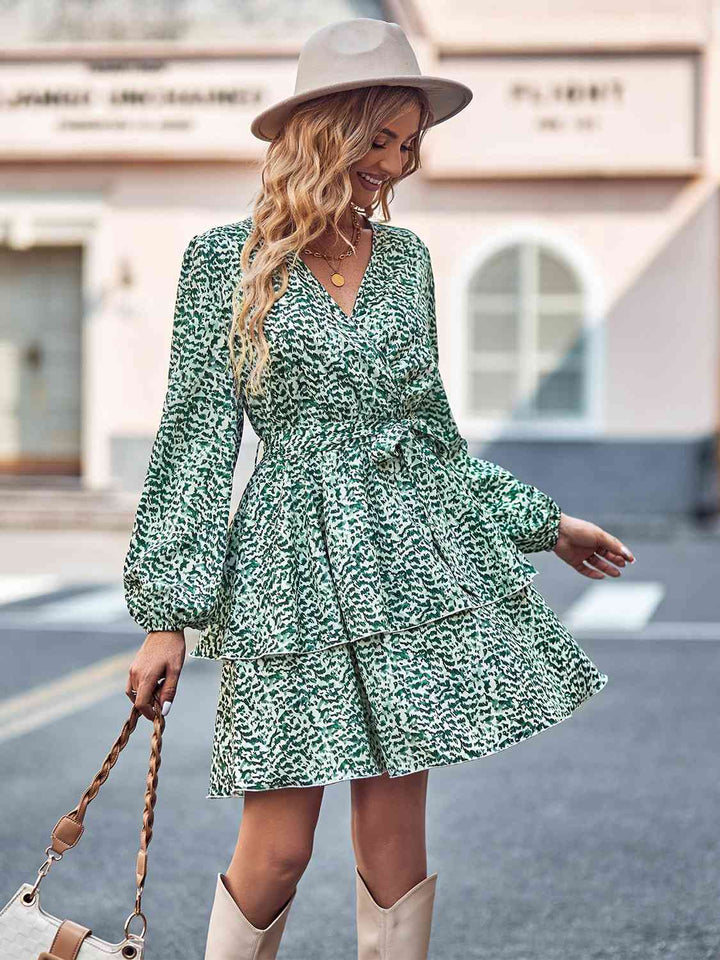 Long Sleeve Tie Waist Layered Dress |1mrk.com