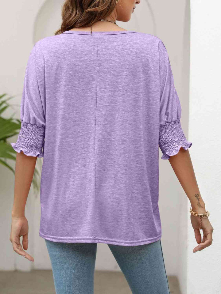 Smocked Flounce Sleeve Round Neck T-Shirt | 1mrk.com